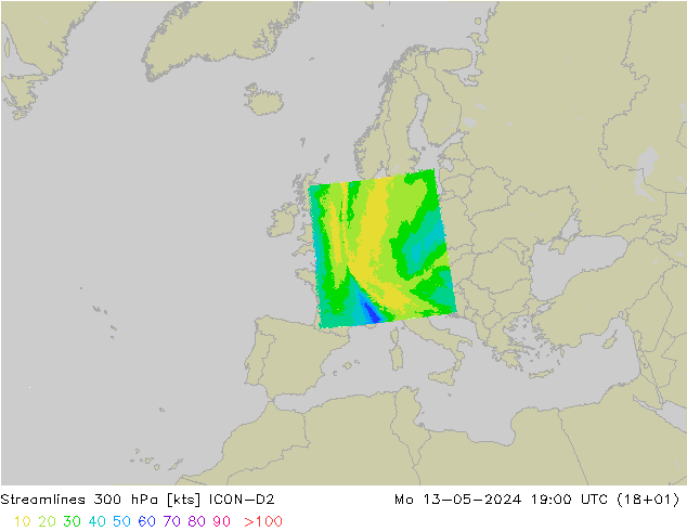 风 300 hPa ICON-D2 星期一 13.05.2024 19 UTC
