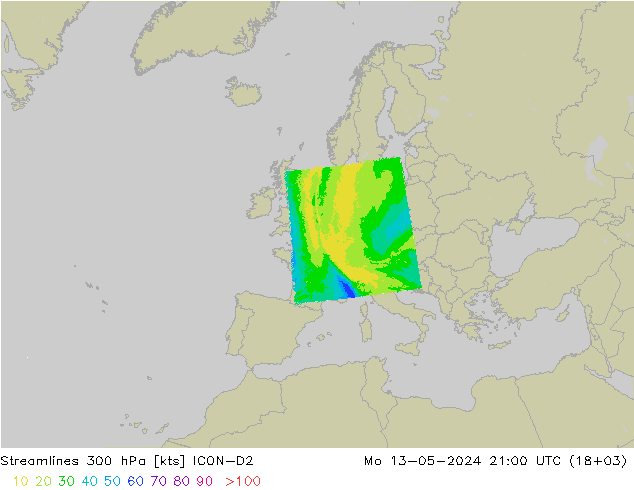 风 300 hPa ICON-D2 星期一 13.05.2024 21 UTC