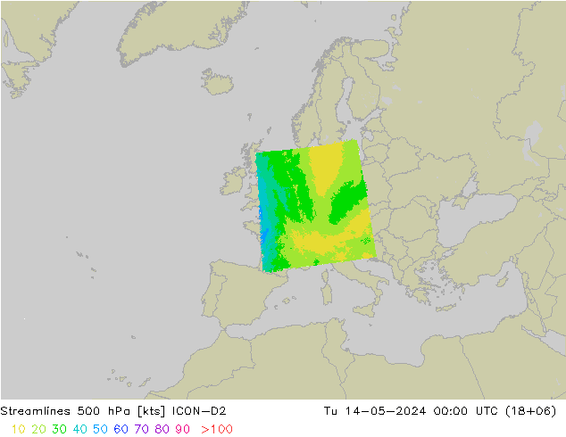 Línea de corriente 500 hPa ICON-D2 mar 14.05.2024 00 UTC