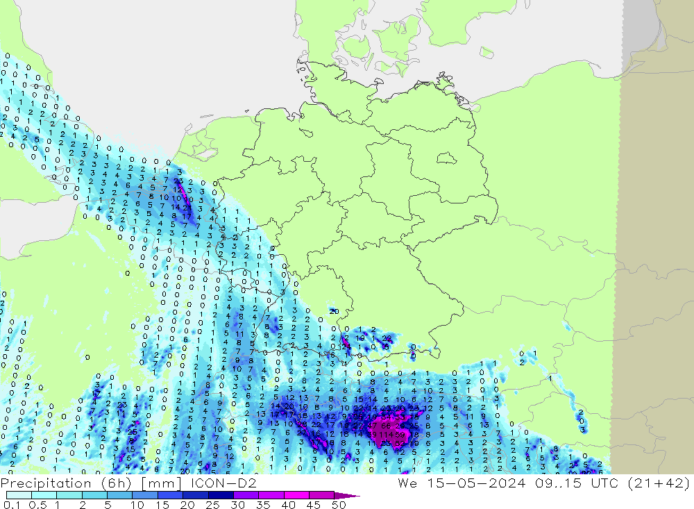 Precipitation (6h) ICON-D2 We 15.05.2024 15 UTC