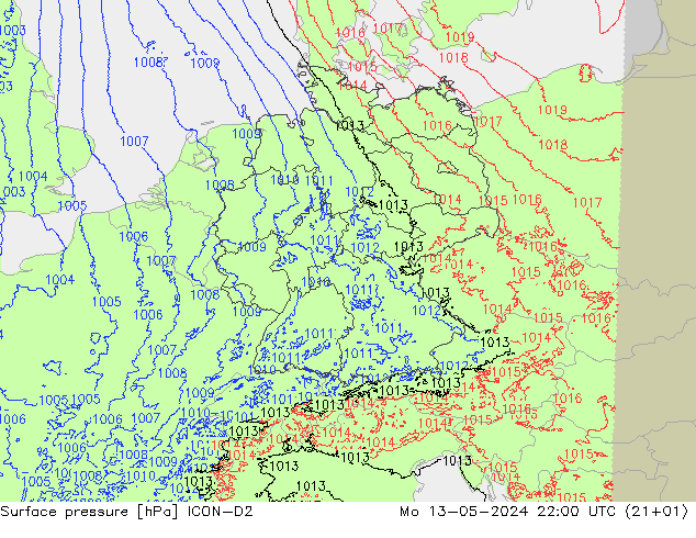 地面气压 ICON-D2 星期一 13.05.2024 22 UTC