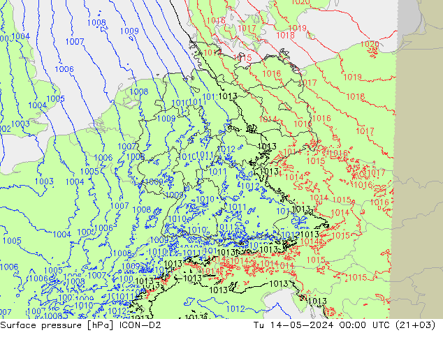 Presión superficial ICON-D2 mar 14.05.2024 00 UTC