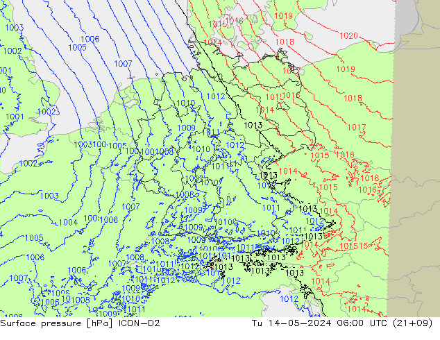 Presión superficial ICON-D2 mar 14.05.2024 06 UTC
