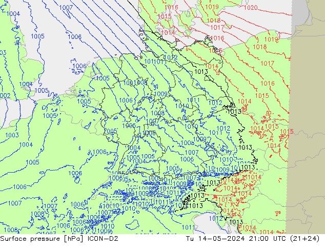 地面气压 ICON-D2 星期二 14.05.2024 21 UTC