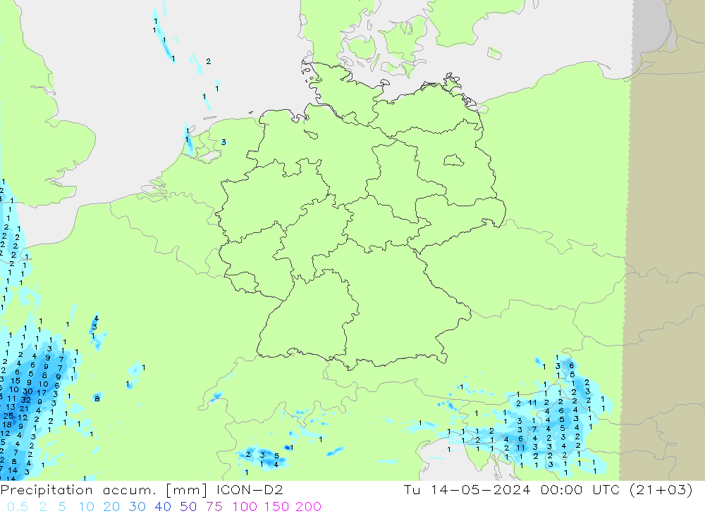 Precipitation accum. ICON-D2 星期二 14.05.2024 00 UTC