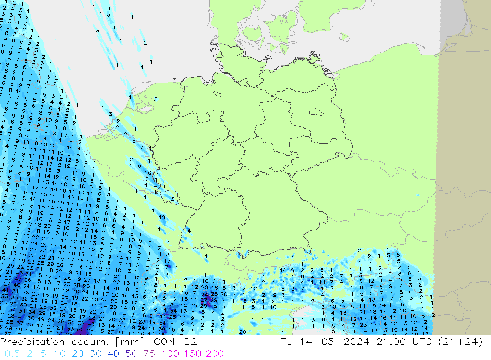 Precipitation accum. ICON-D2  14.05.2024 21 UTC