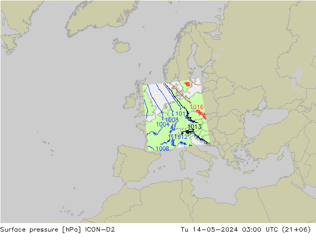Presión superficial ICON-D2 mar 14.05.2024 03 UTC
