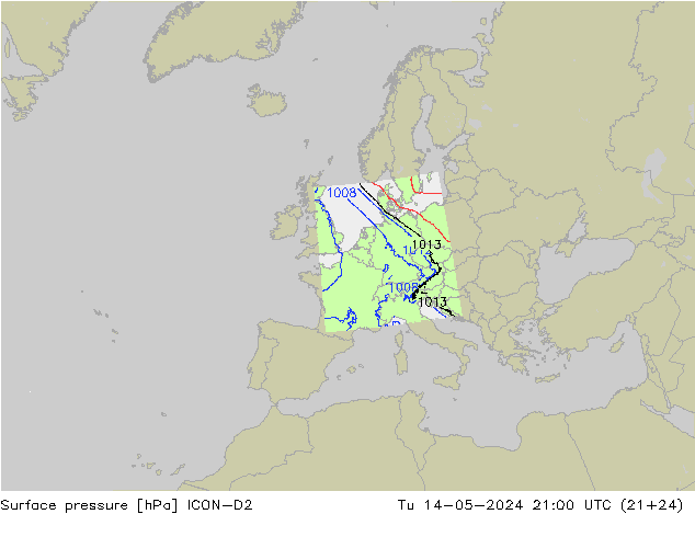Presión superficial ICON-D2 mar 14.05.2024 21 UTC