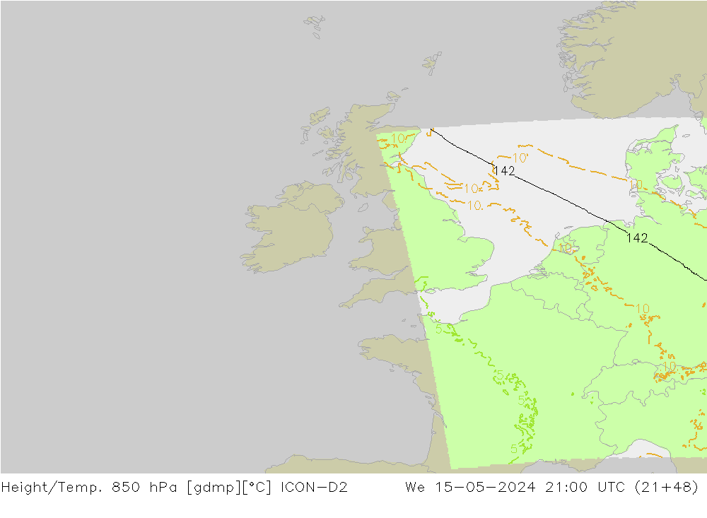 Géop./Temp. 850 hPa ICON-D2 mer 15.05.2024 21 UTC