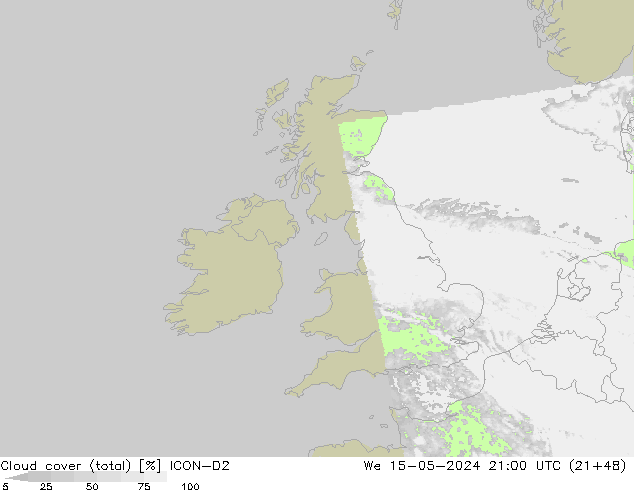 Cloud cover (total) ICON-D2 St 15.05.2024 21 UTC