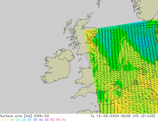 Surface wind ICON-D2 Tu 14.05.2024 00 UTC