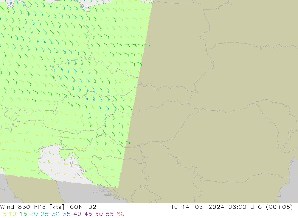 Rüzgar 850 hPa ICON-D2 Sa 14.05.2024 06 UTC