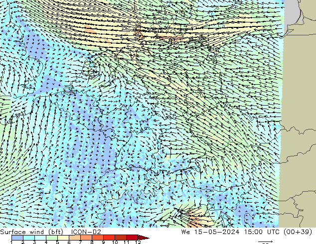 Surface wind (bft) ICON-D2 St 15.05.2024 15 UTC