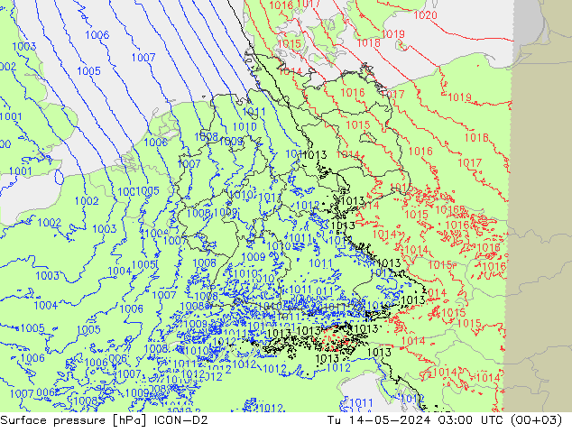 Presión superficial ICON-D2 mar 14.05.2024 03 UTC