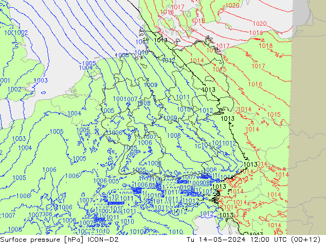 地面气压 ICON-D2 星期二 14.05.2024 12 UTC