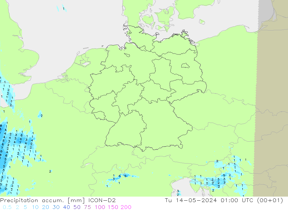 Precipitation accum. ICON-D2 星期二 14.05.2024 01 UTC