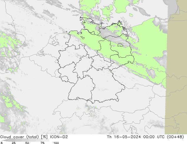 Cloud cover (total) ICON-D2 Čt 16.05.2024 00 UTC