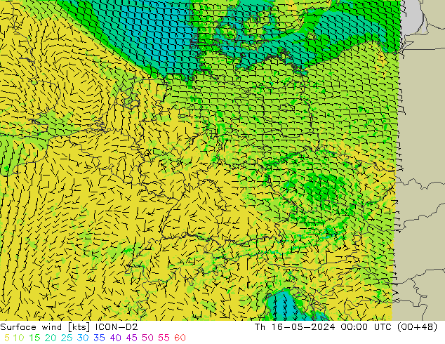 Surface wind ICON-D2 Čt 16.05.2024 00 UTC