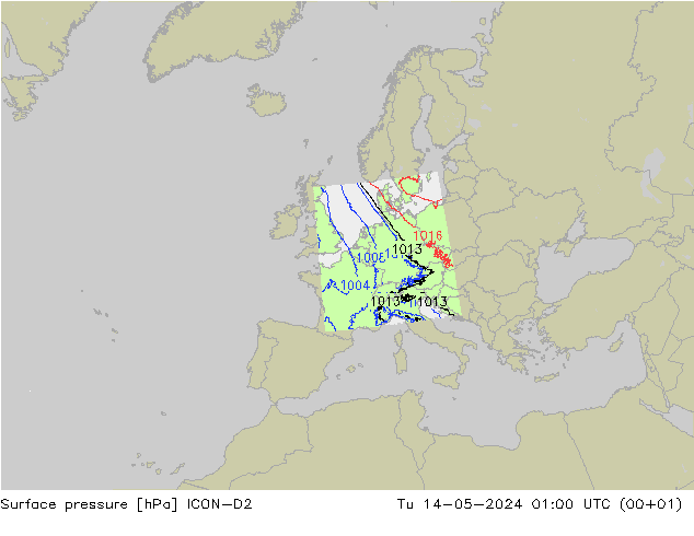 Presión superficial ICON-D2 mar 14.05.2024 01 UTC