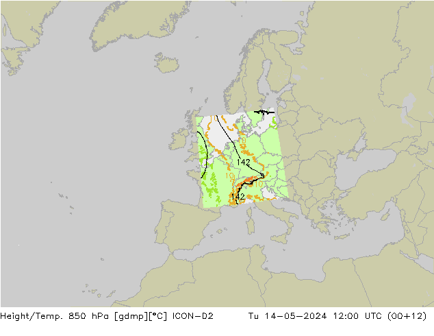 Height/Temp. 850 hPa ICON-D2 Tu 14.05.2024 12 UTC