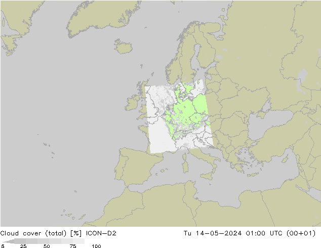Nubes (total) ICON-D2 mar 14.05.2024 01 UTC