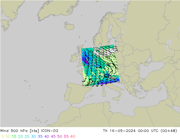 ветер 500 гПа ICON-D2 чт 16.05.2024 00 UTC
