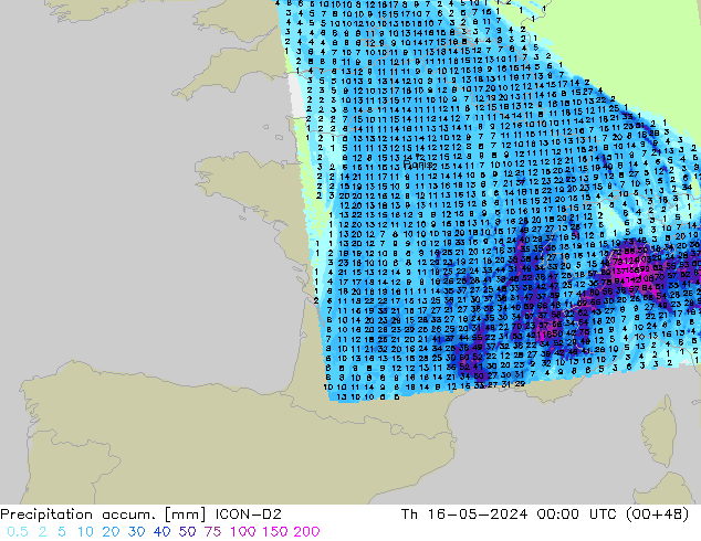 Precipitation accum. ICON-D2 Čt 16.05.2024 00 UTC