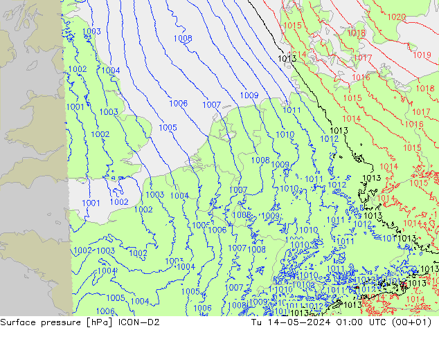 地面气压 ICON-D2 星期二 14.05.2024 01 UTC