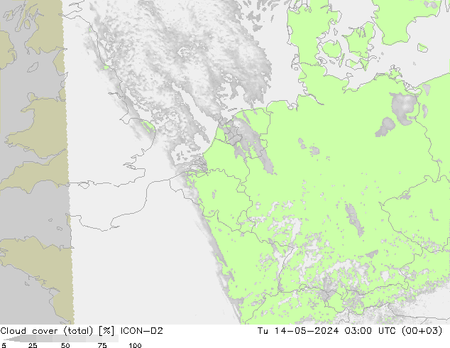 Nubes (total) ICON-D2 mar 14.05.2024 03 UTC