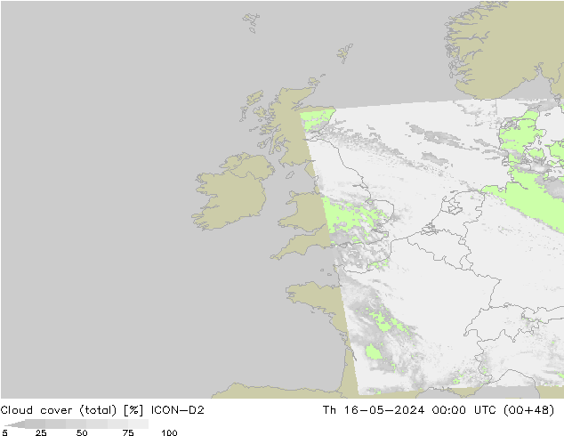 Cloud cover (total) ICON-D2 Th 16.05.2024 00 UTC
