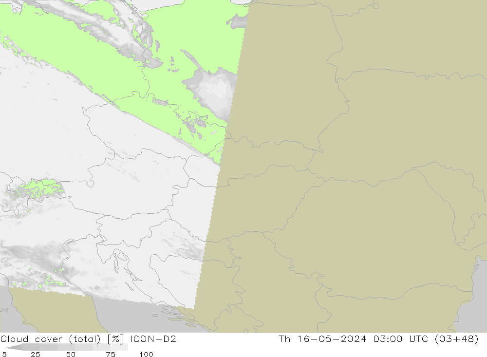 Cloud cover (total) ICON-D2 Th 16.05.2024 03 UTC