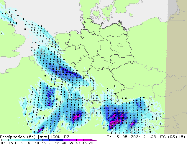Precipitation (6h) ICON-D2 Th 16.05.2024 03 UTC