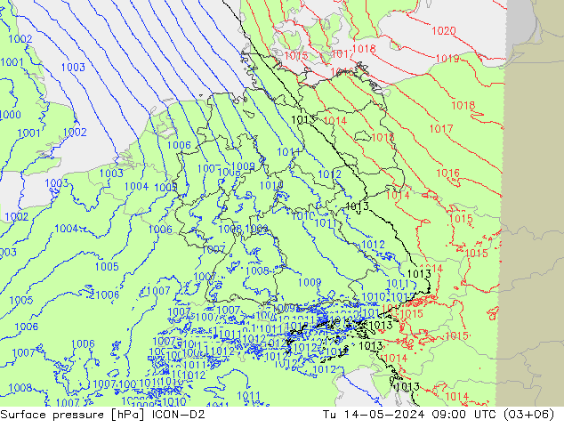 Presión superficial ICON-D2 mar 14.05.2024 09 UTC