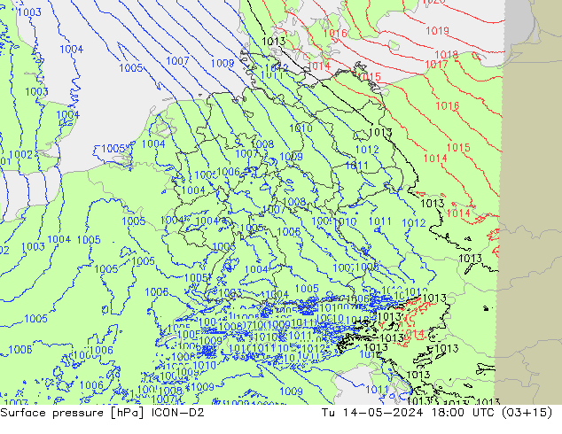Presión superficial ICON-D2 mar 14.05.2024 18 UTC