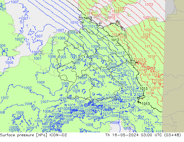 Atmosférický tlak ICON-D2 Čt 16.05.2024 03 UTC
