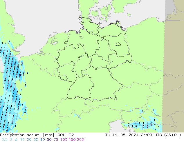 Precipitation accum. ICON-D2 星期二 14.05.2024 04 UTC