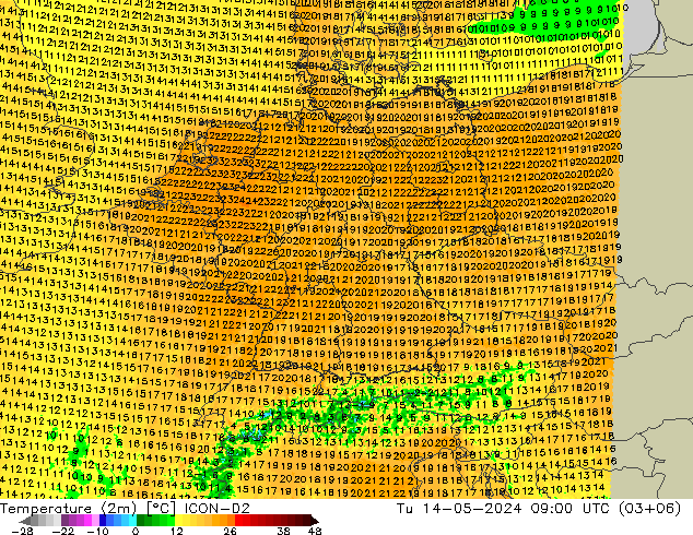 Temperature (2m) ICON-D2 Tu 14.05.2024 09 UTC