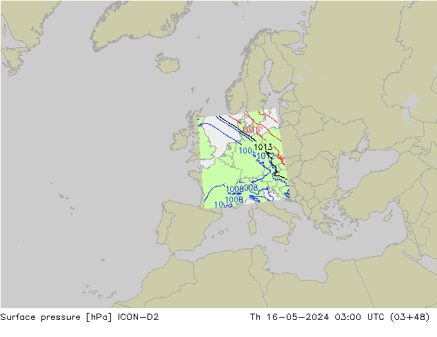 Presión superficial ICON-D2 jue 16.05.2024 03 UTC