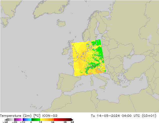 Temperaturkarte (2m) ICON-D2 Di 14.05.2024 04 UTC