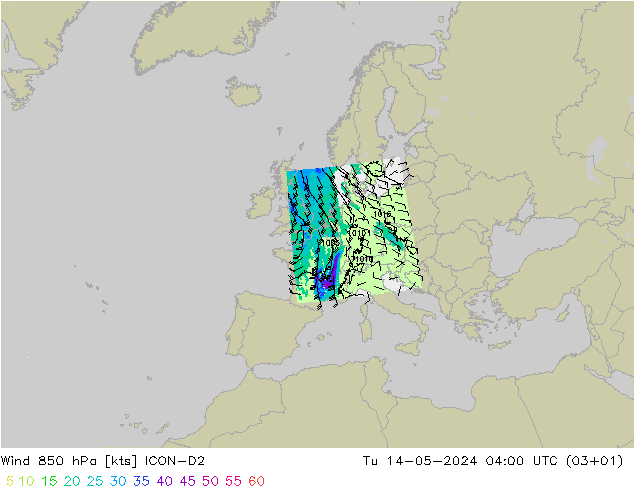 Wind 850 hPa ICON-D2 di 14.05.2024 04 UTC