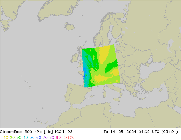 Línea de corriente 500 hPa ICON-D2 mar 14.05.2024 04 UTC