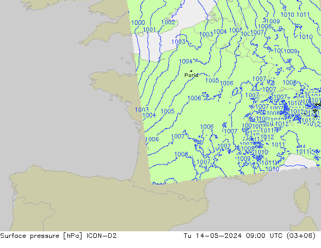 Atmosférický tlak ICON-D2 Út 14.05.2024 09 UTC