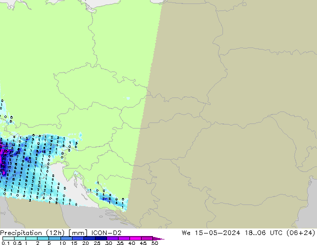 Totale neerslag (12h) ICON-D2 wo 15.05.2024 06 UTC