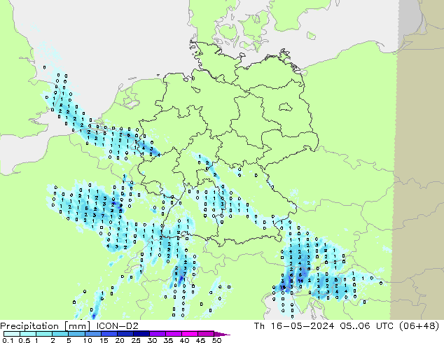 precipitação ICON-D2 Qui 16.05.2024 06 UTC