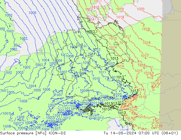 地面气压 ICON-D2 星期二 14.05.2024 07 UTC