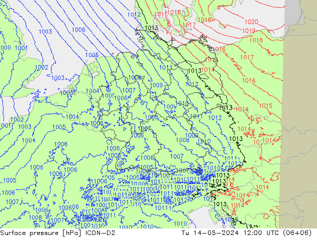 Presión superficial ICON-D2 mar 14.05.2024 12 UTC