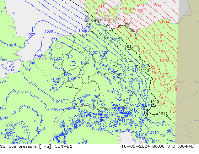 Luchtdruk (Grond) ICON-D2 do 16.05.2024 06 UTC