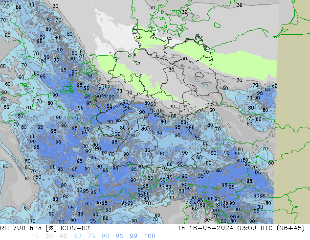 Humidité rel. 700 hPa ICON-D2 jeu 16.05.2024 03 UTC
