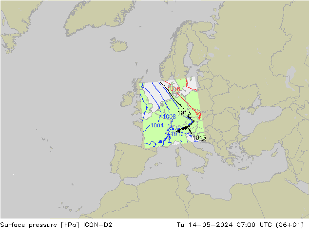 Presión superficial ICON-D2 mar 14.05.2024 07 UTC