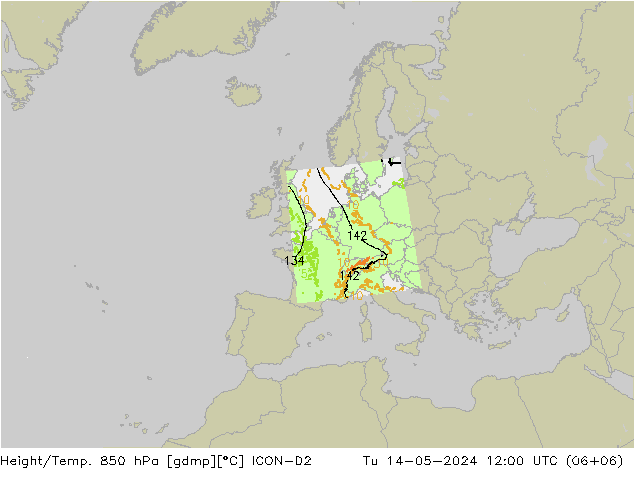 Height/Temp. 850 hPa ICON-D2 wto. 14.05.2024 12 UTC